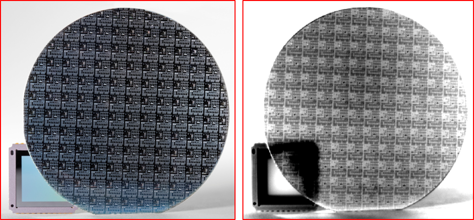 a silicon wafer and a detector hidden behind it - visible view and thermal view