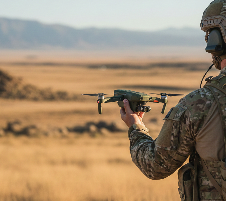 a soldier is holding a mini drone in his hands