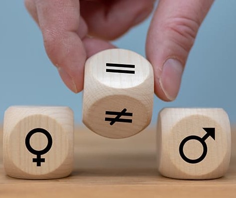 3 dice representing man, woman, and equality